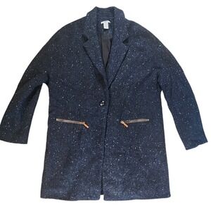 BAR‎ III Blue Tweed Blazer Style Coat Women's Size L Single Button Zip Pockets